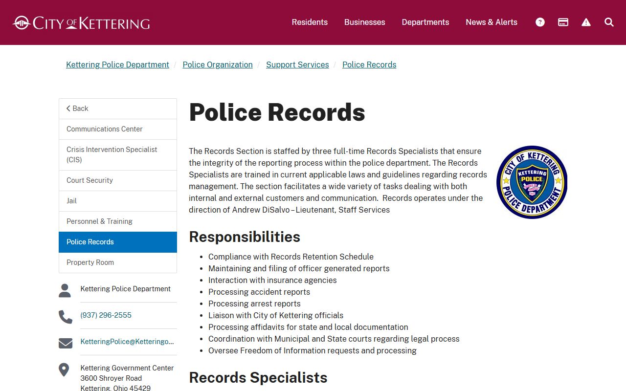Kettering police records page for arrest records requests