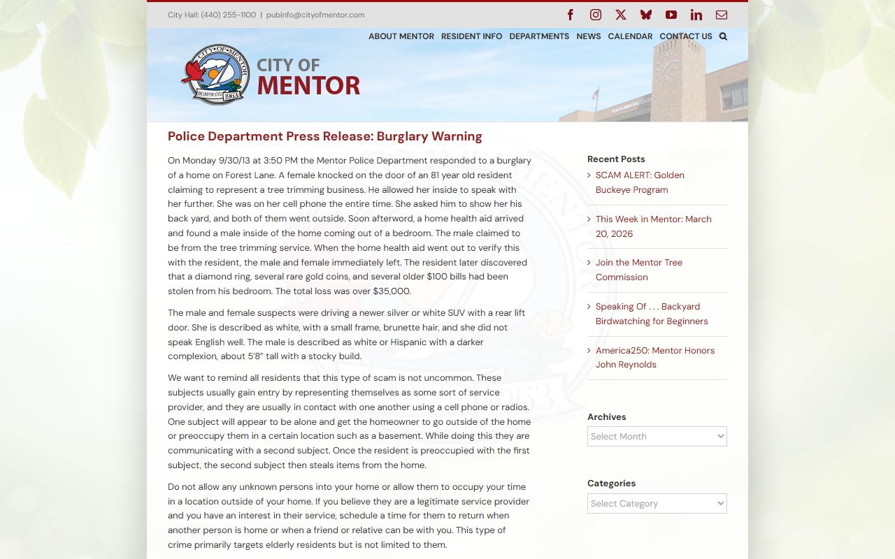Mentor Police Department website for Mentor arrest records