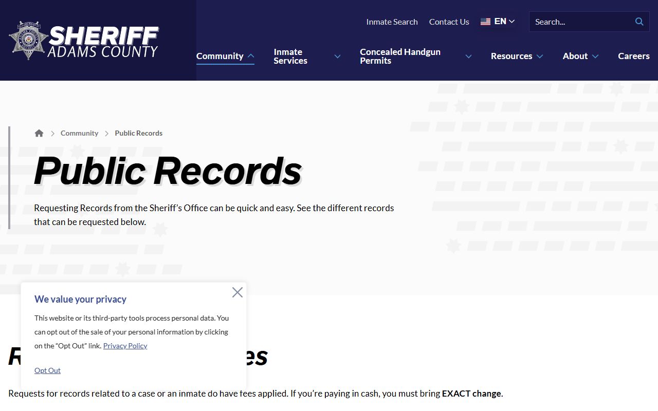 Adams County Sheriff public records request page for arrest records