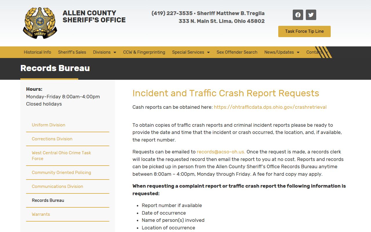 Allen County Records Bureau page for arrest records requests