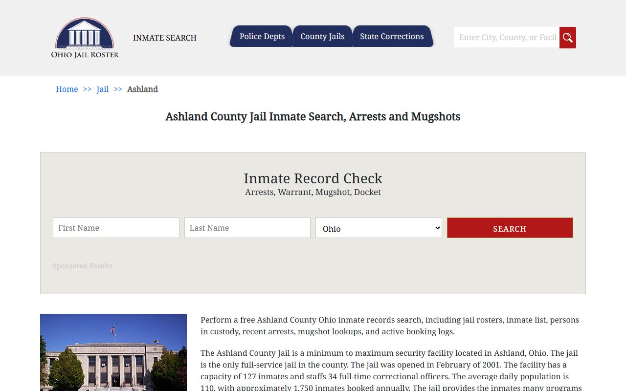 Ashland County Jail inmate roster for arrest records lookup