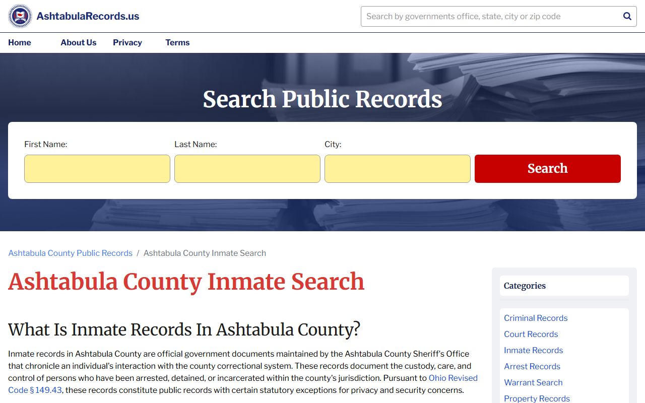 Ashtabula County inmate records search for arrest information