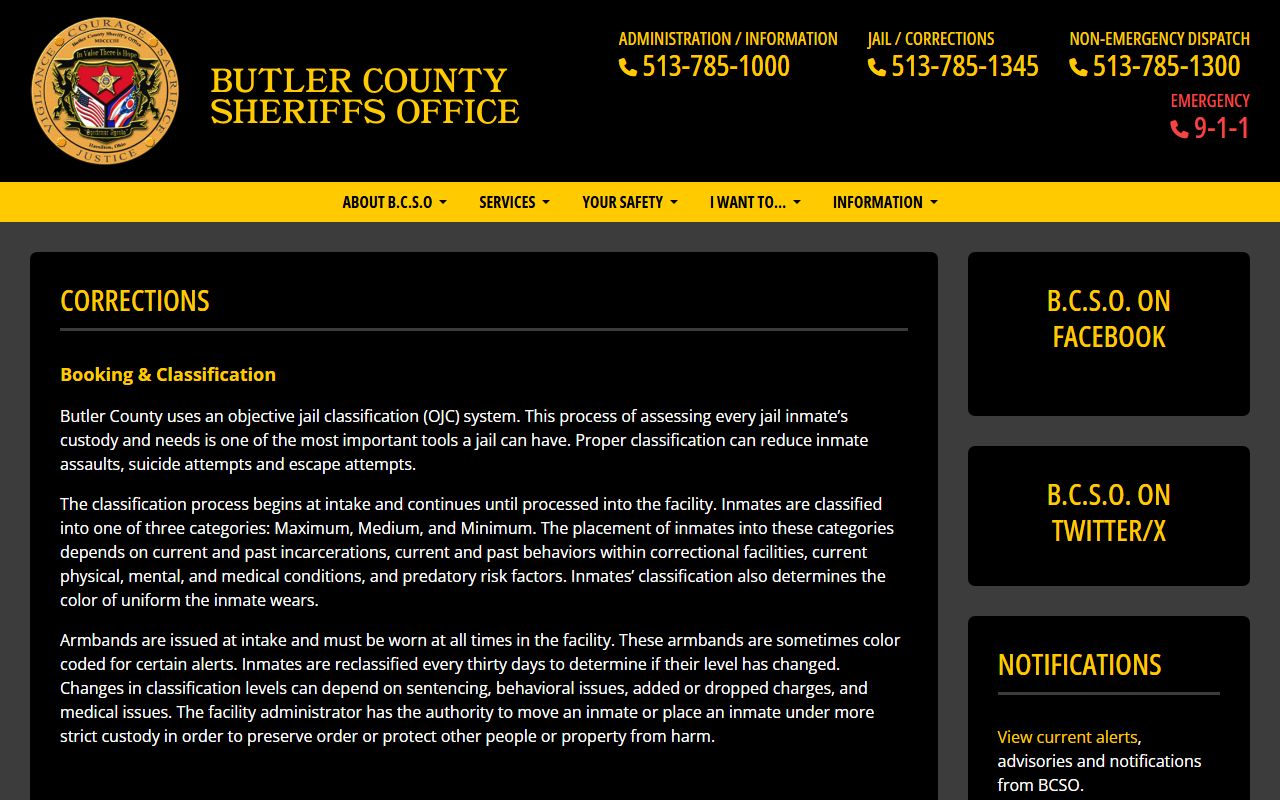 Butler County jail facilities information for arrest records