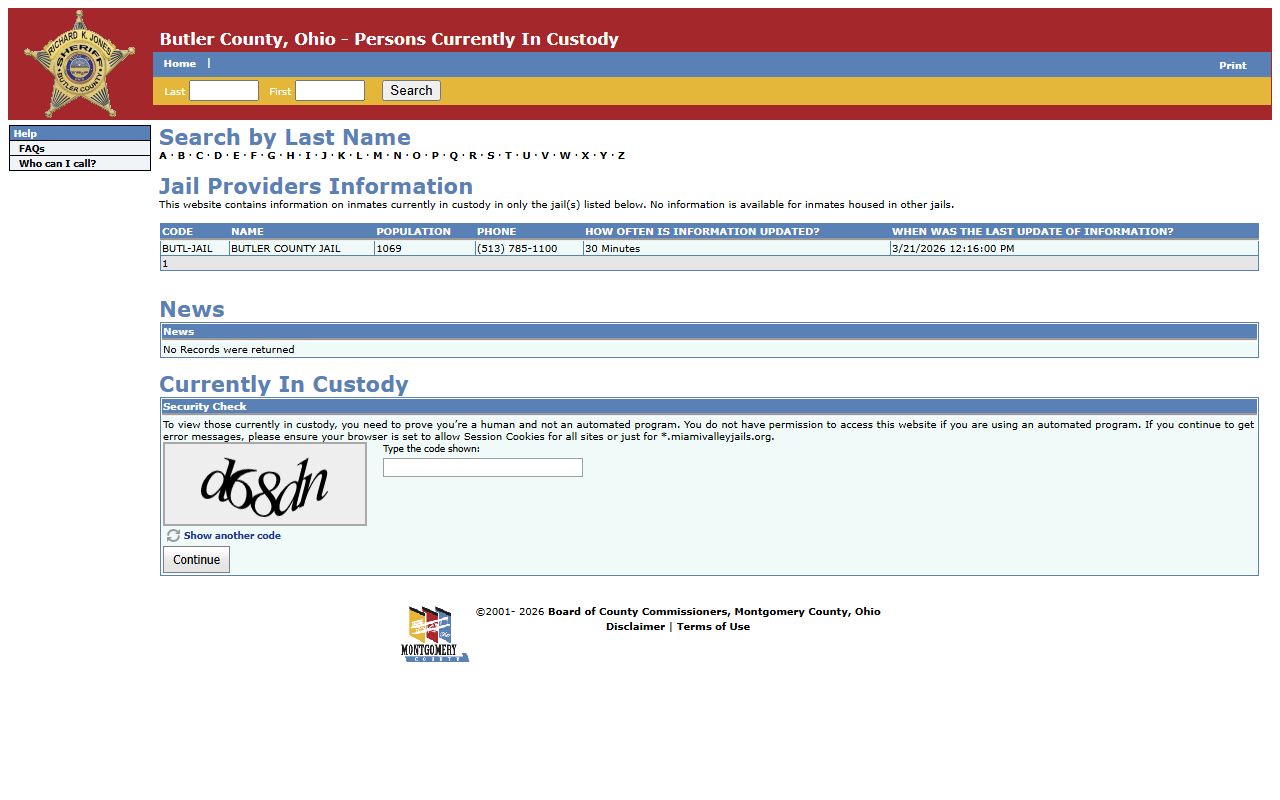 Butler County online inmate roster search for arrest records