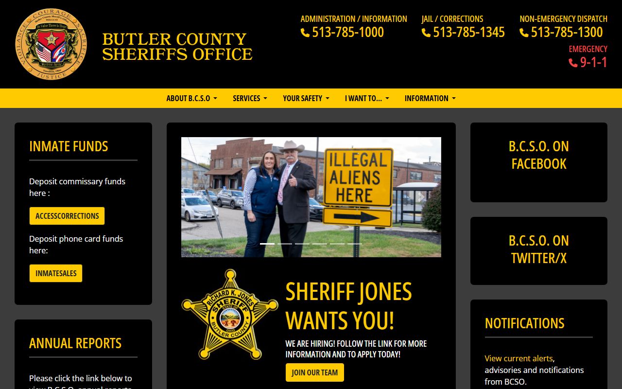 Butler County Sheriff's Office website for arrest records and jail services