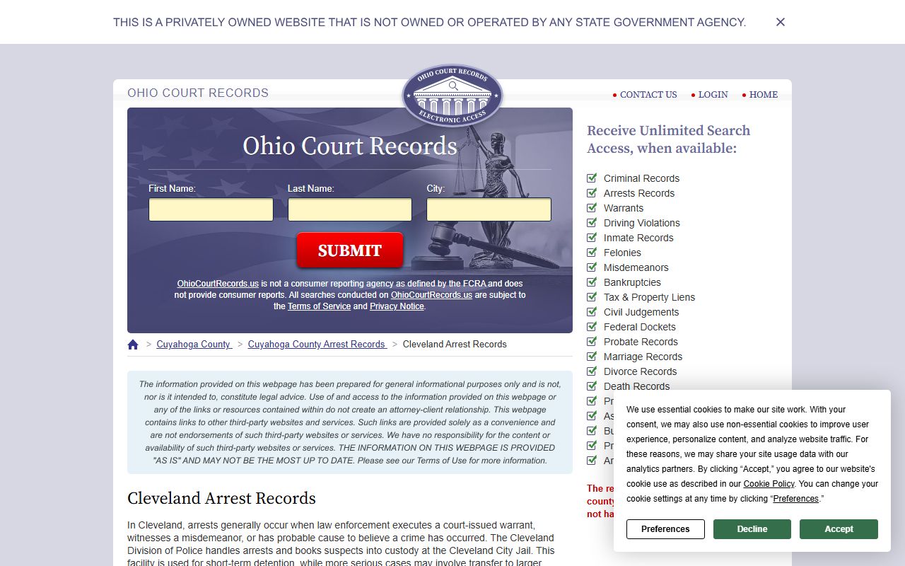 Cleveland Police Department records for Cleveland arrest records search