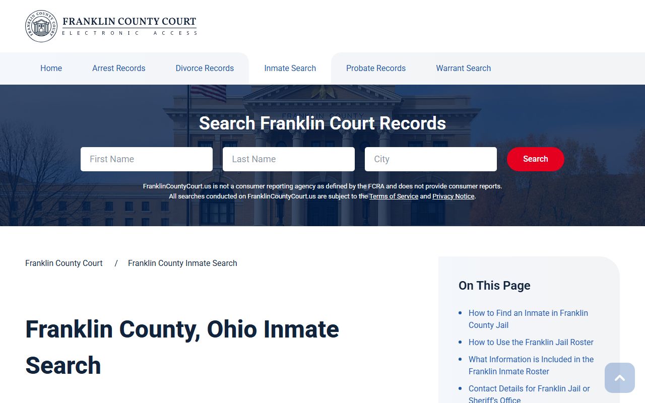 Franklin County inmate search tool for arrest records lookup