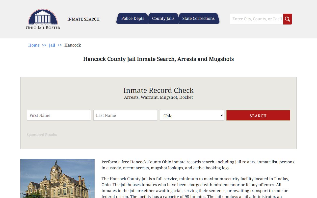 Hancock County jail inmate roster for arrest records