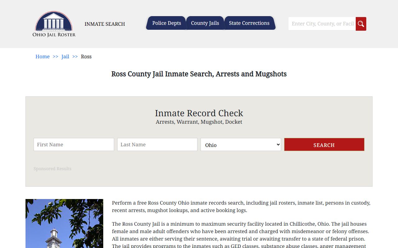Ross County jail inmate roster for arrest records search