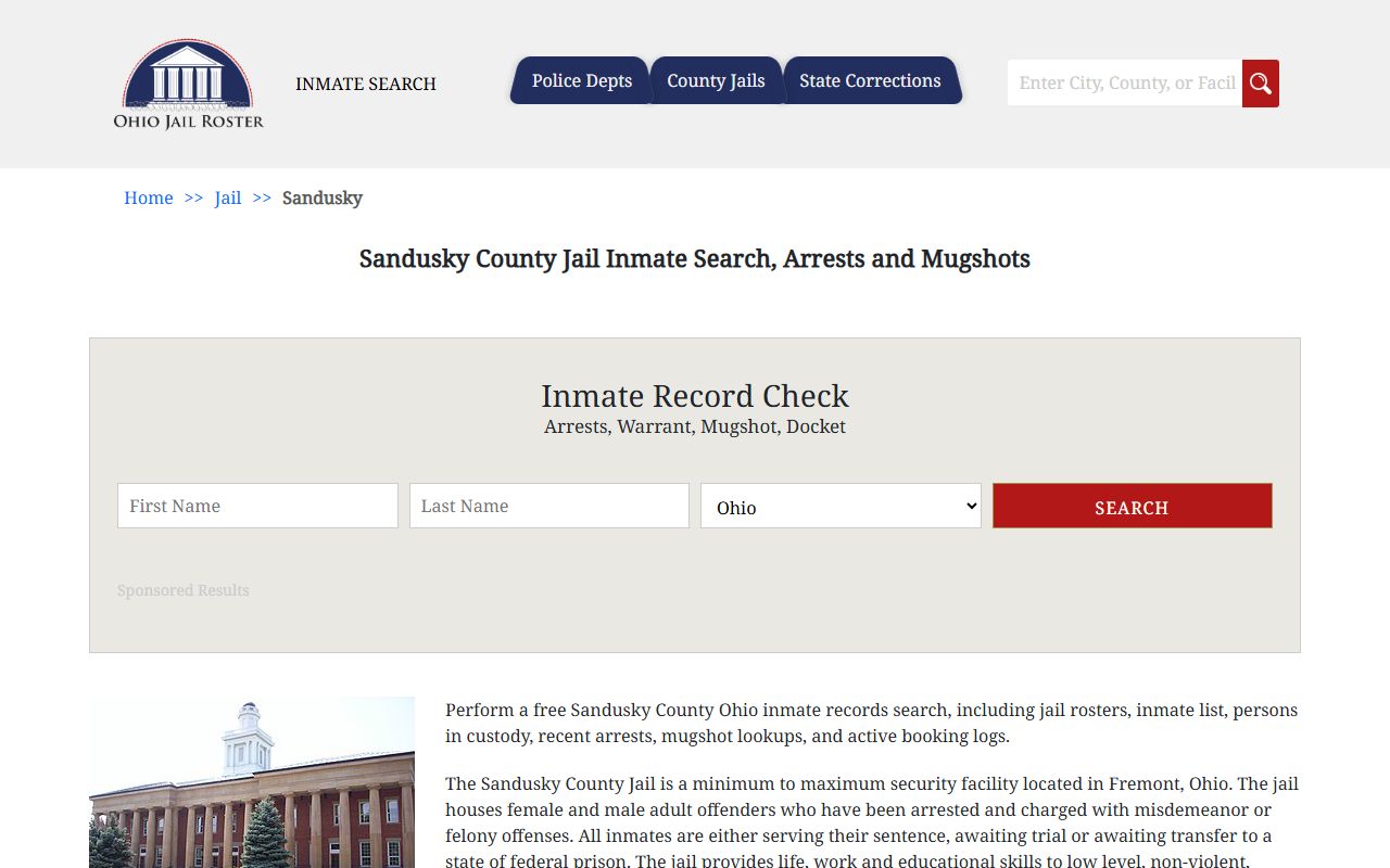 Sandusky County jail inmate roster for arrest records search