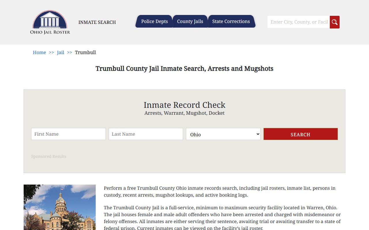 Trumbull County jail inmate search for arrest records in Warren Ohio