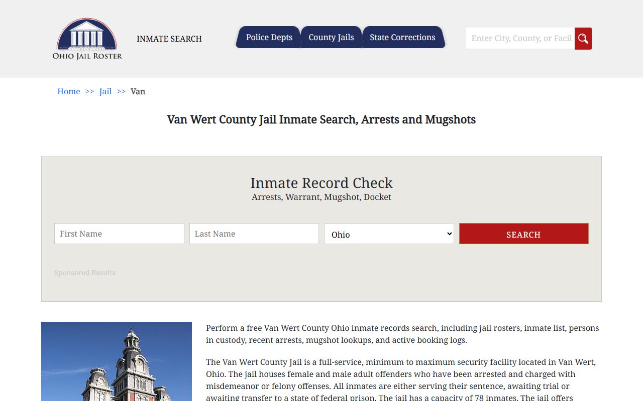 Van Wert County jail inmate search for Van Wert County arrest records