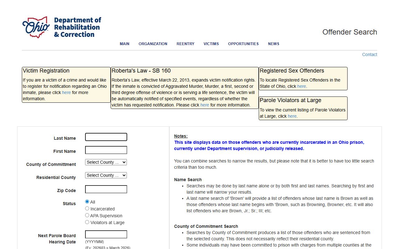Ohio DRC Offender Search portal for Ohio arrest records