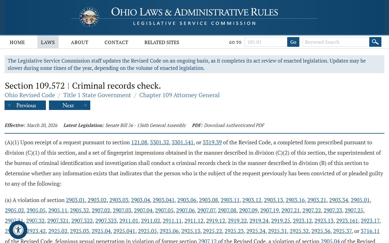 ORC 109.572 criminal records authority for Ohio arrest records